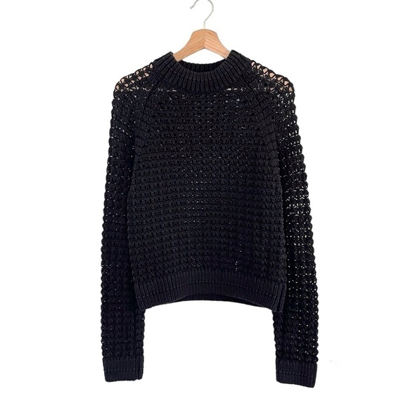 Margaret O’Leary Cotton Blend Mock Neck Open Knit Pullover Sweater Black Medium - Picture 1 of 16